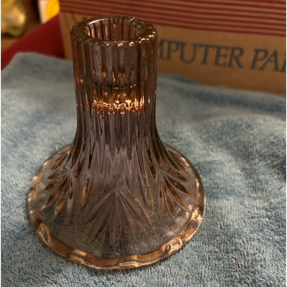 Vintage Iridescent Pink Pressed Glass Candleholder